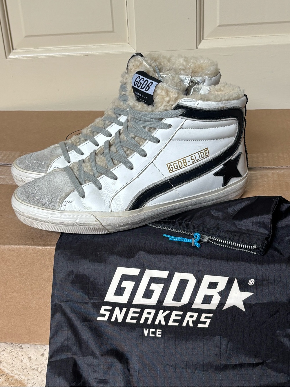 Golden Goose White High-Top Sneakers with Black Star & Gray Accents